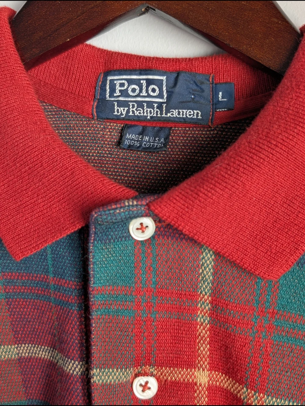 VTG Polo Ralph Lauren Men's Polo Sz Large Red Tartan Plaid Made In The USA 90's